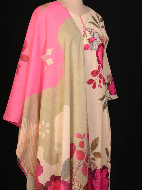 Beige Thread Work Cotton Kurti Set